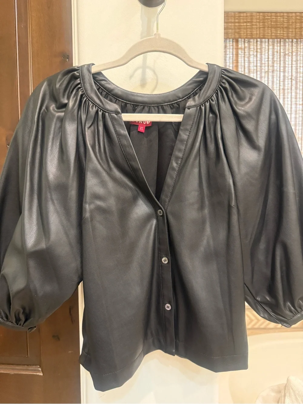 Staud Women's Black Faux Leather Puff-Sleeve Dill Top. Excellent condition XS